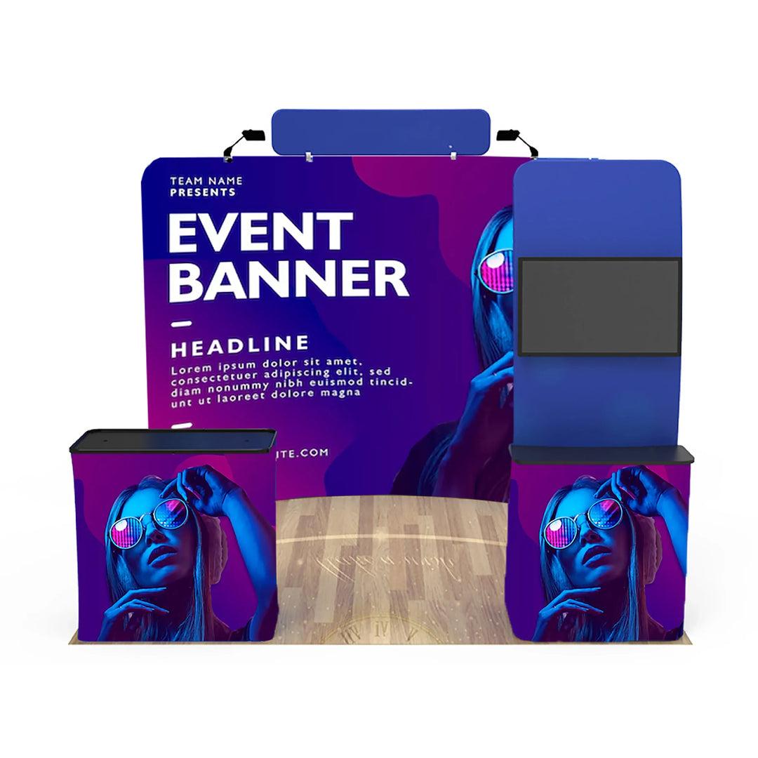 Custom purple and blue event banner display set with matching branded podiums