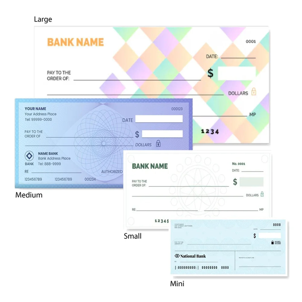 Various sizes of custom printable check templates in different colors and designs.