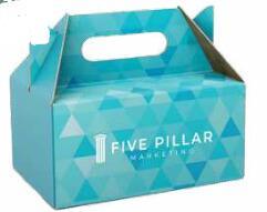 Custom printed blue geometric gable box with Five Pillar Marketing logo
