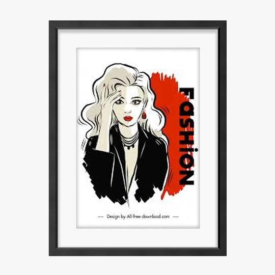 Framed fashion illustration of a woman with blonde hair and a black blazer.
