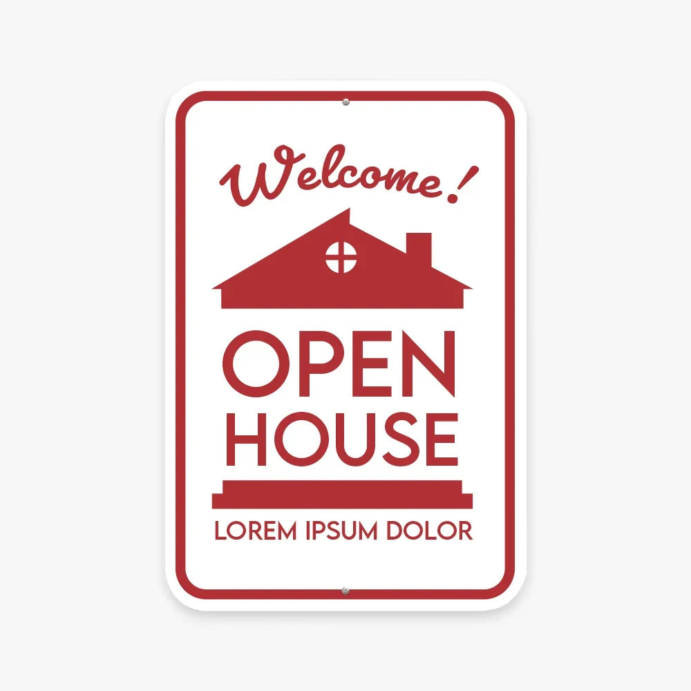 Custom red and white Open House welcome sign with a house icon