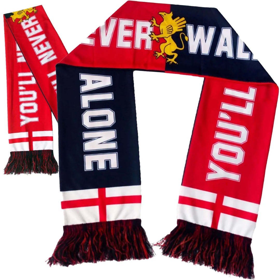 Red and navy blue sports scarf with 'YOU'LL NEVER WALK ALONE' text and liver bird emblem