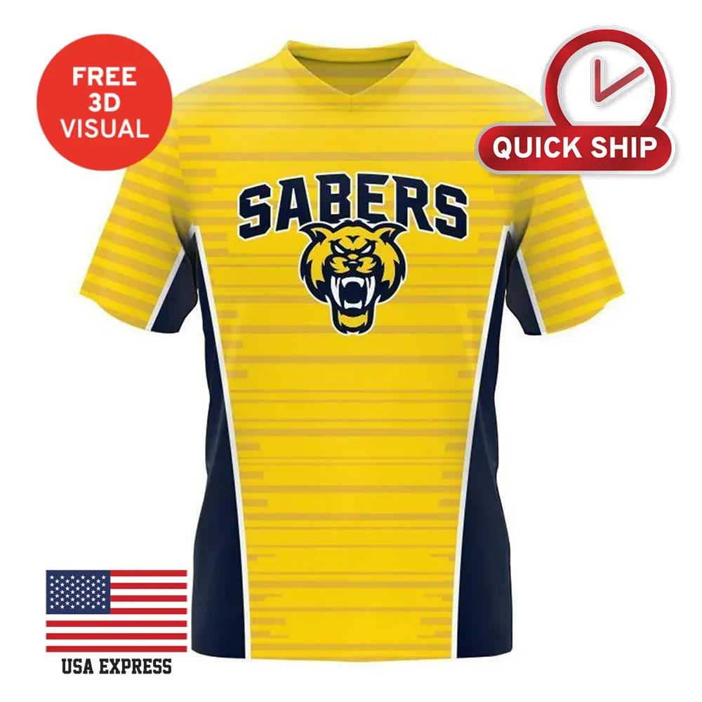 Custom yellow and navy blue Sabers team jersey with tiger logo
