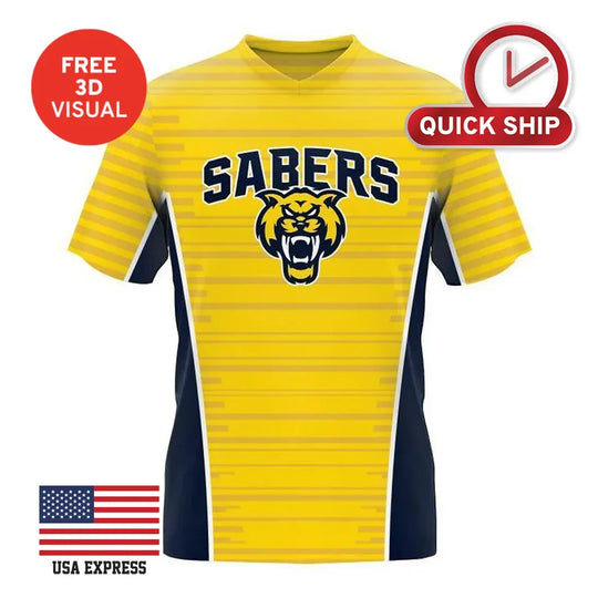 Custom yellow and navy blue Sabers sports jersey with tiger logo