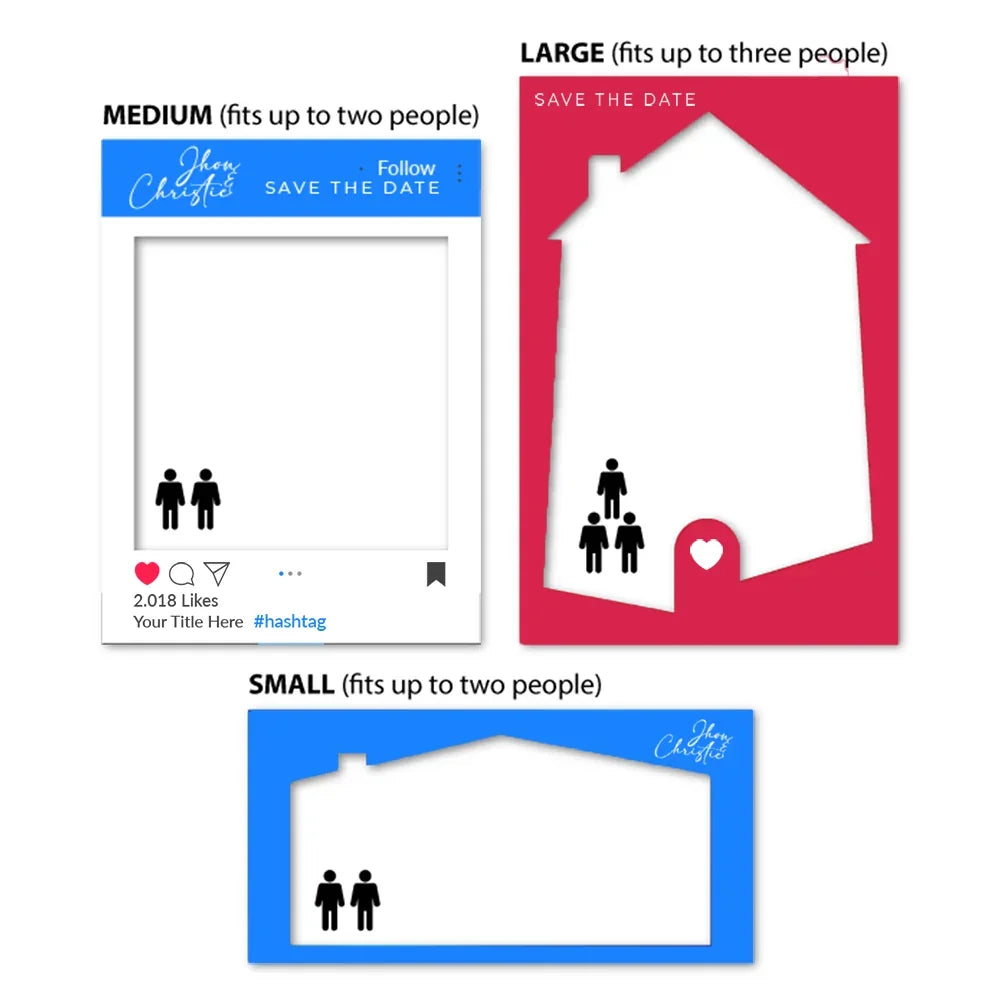 Custom 'Save the Date' photo frame templates in small, medium, and large sizes.