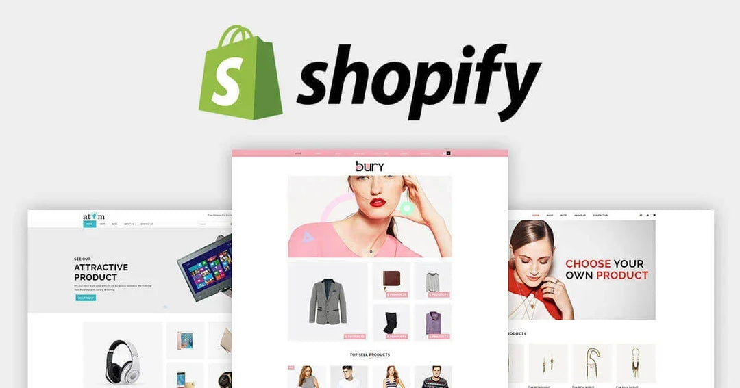 Shopify logo above previews of three different e-commerce website templates.