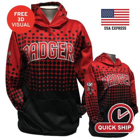 Adult and youth red and black custom 'Badger' hoodies with dot patterns.