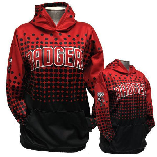 Custom red and black gradient polka dot hoodies with 'BADGER' text