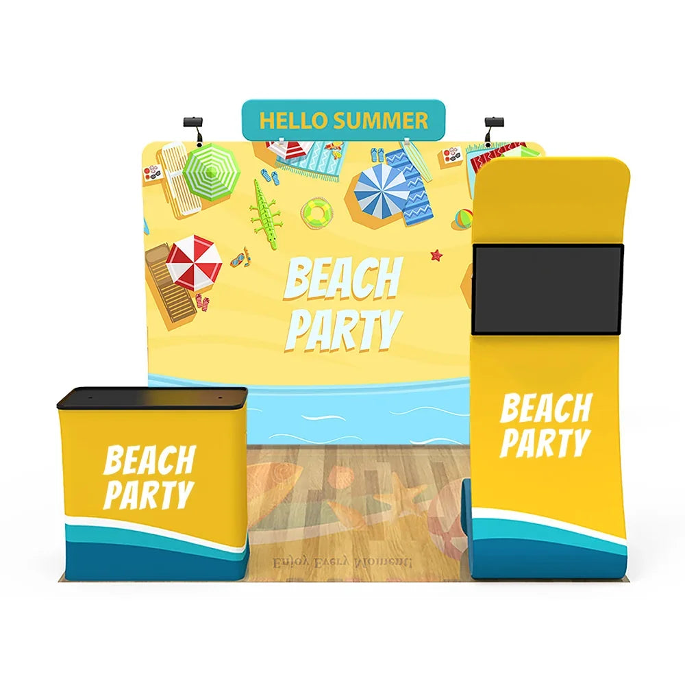 Custom beach party themed trade show display with backdrop, counter, and kiosk