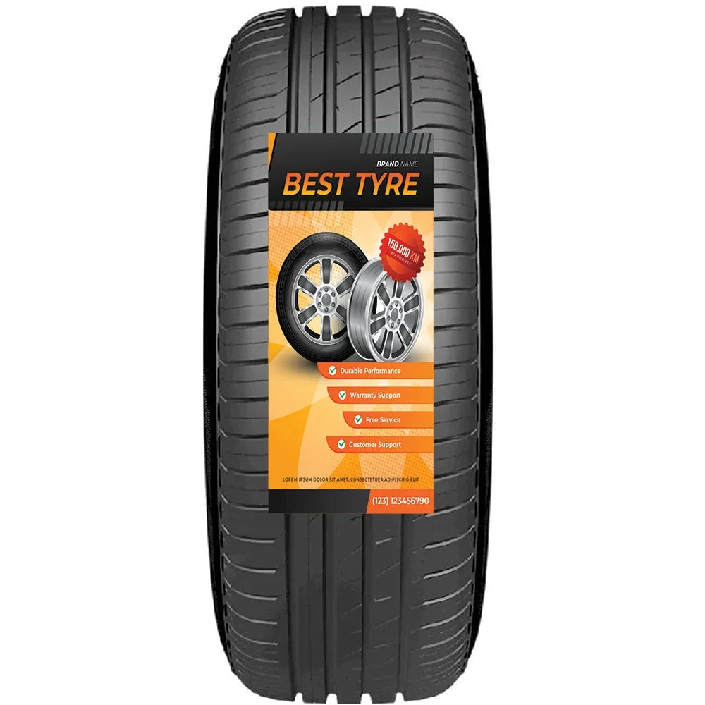 A car tire with a promotional label featuring alloy wheels and service benefits.