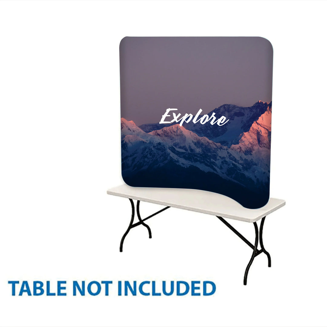 Custom table cover featuring a mountain landscape with the word Explore