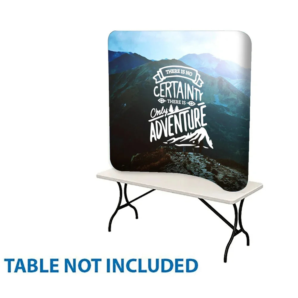 Custom printed table cover with a mountain landscape and adventure quote.