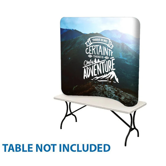 Custom printed table cover with a mountain landscape and adventure quote.