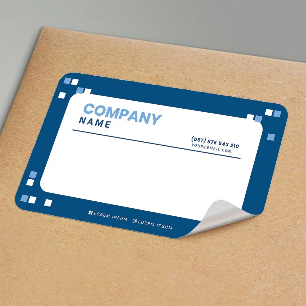 Custom printed blue and white company ID badge mockup on a brown background.