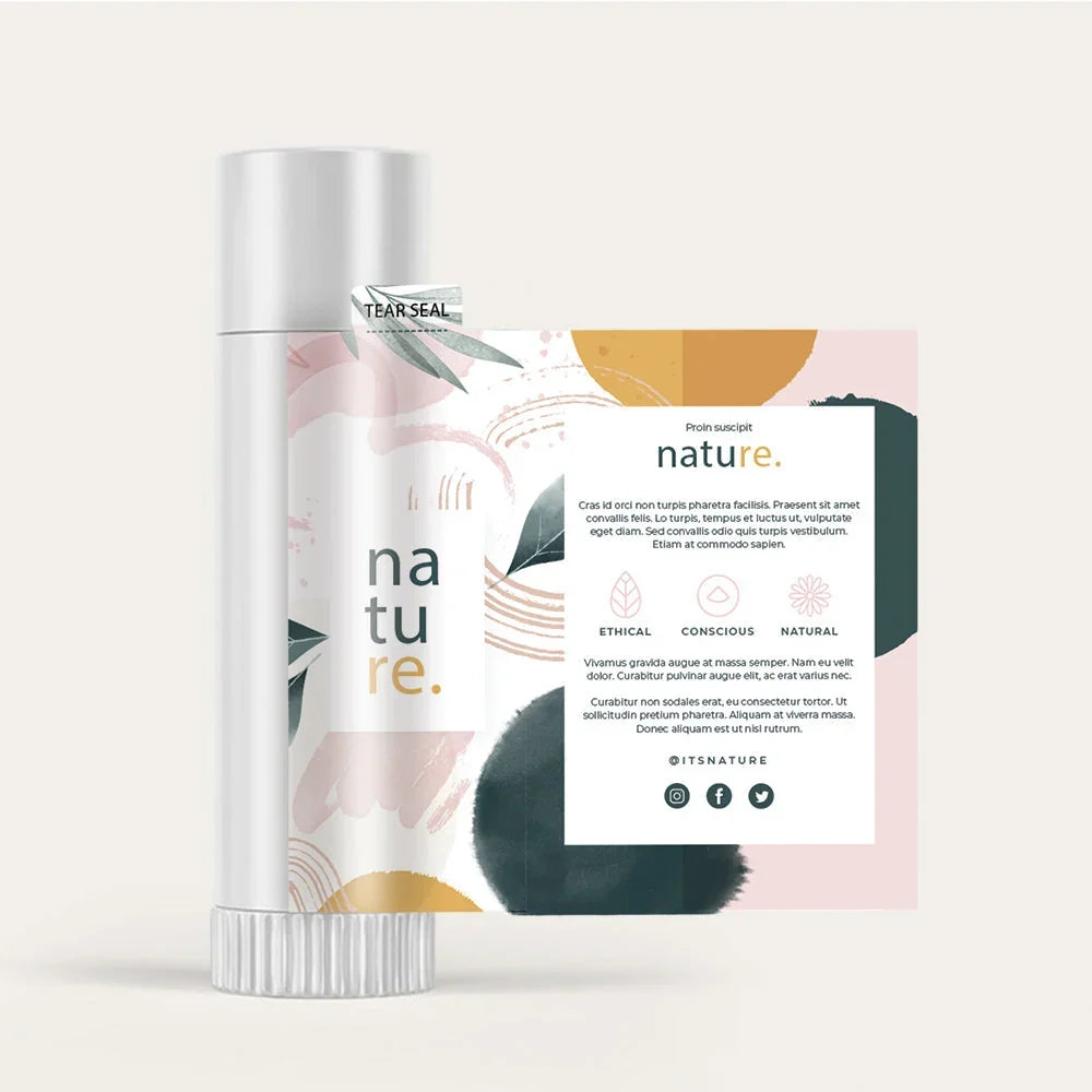 Custom branded cosmetic tube and matching packaging card with nature-inspired design.