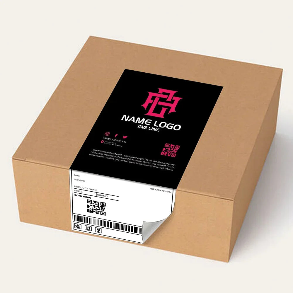 Custom branded shipping label on a brown cardboard packaging box