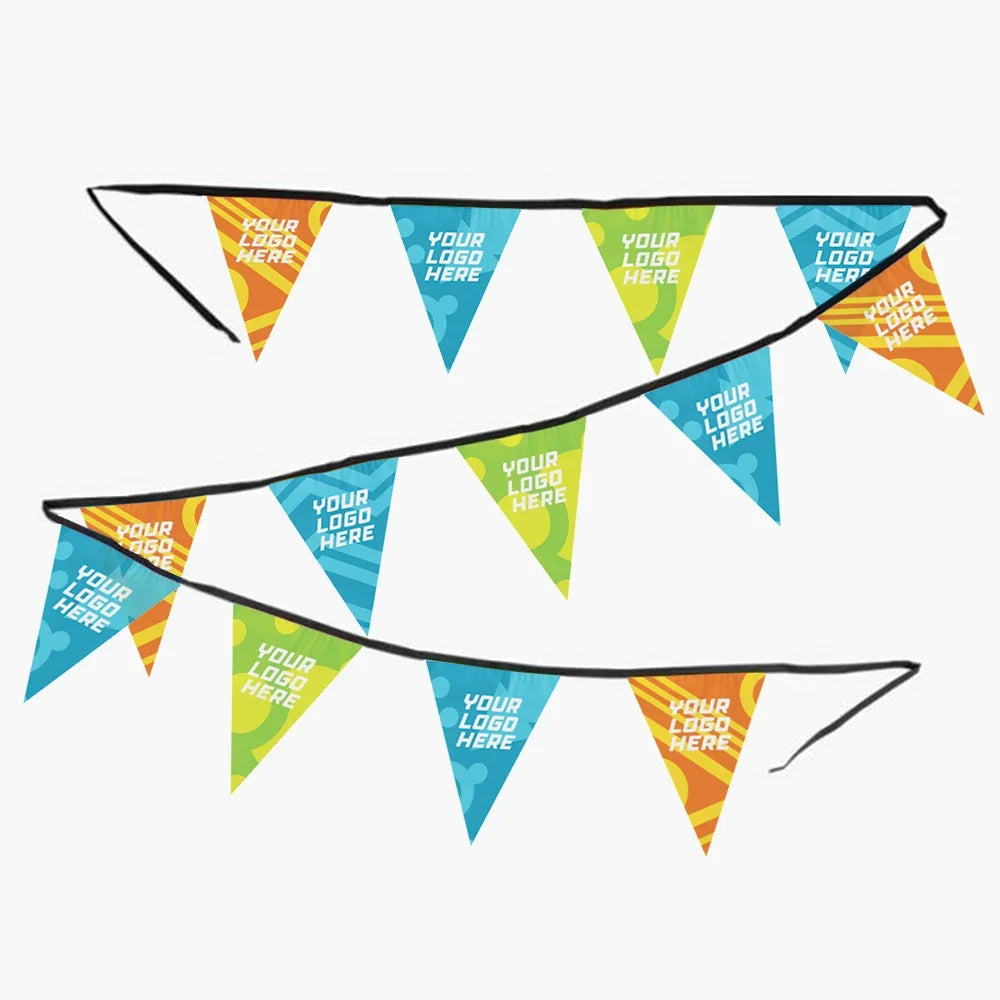 Colorful custom printed triangular bunting banners with logo placeholders on a string.