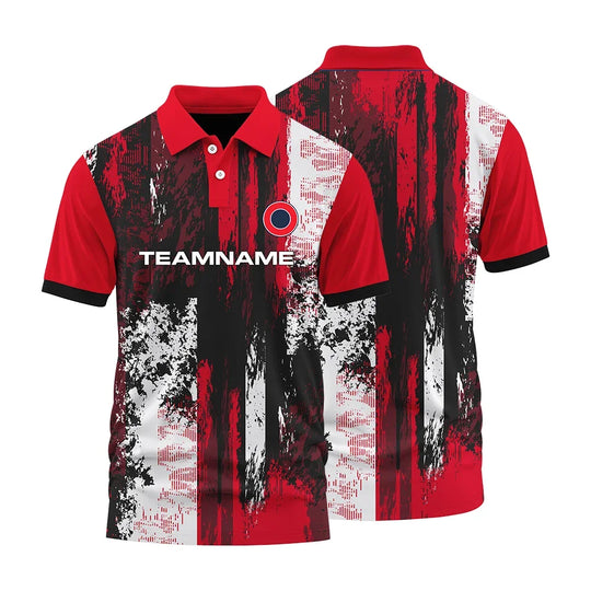Custom red and black abstract pattern polo shirt with TEAMNAME text and logo