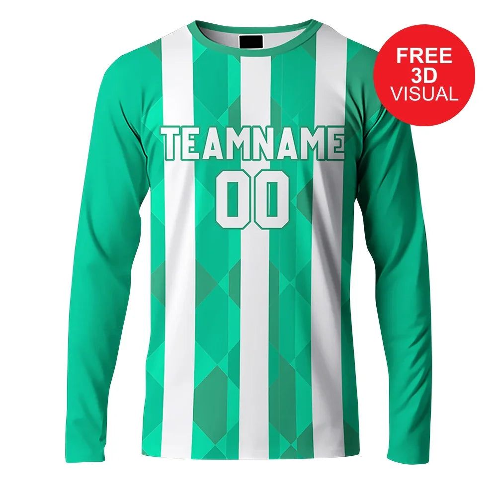 Custom long sleeve sports jersey with green and white stripes, TEAMNAME and number 00.