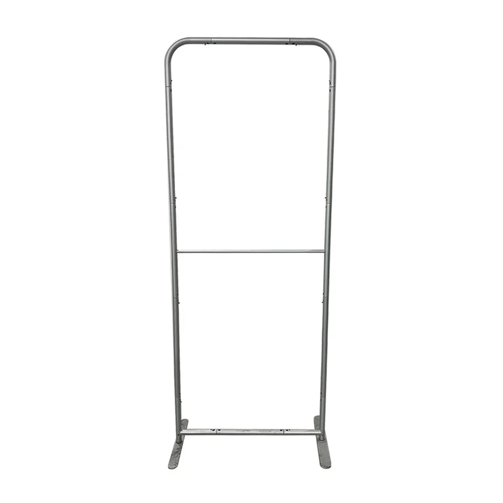 Silver metal banner stand frame with adjustable height and supporting feet