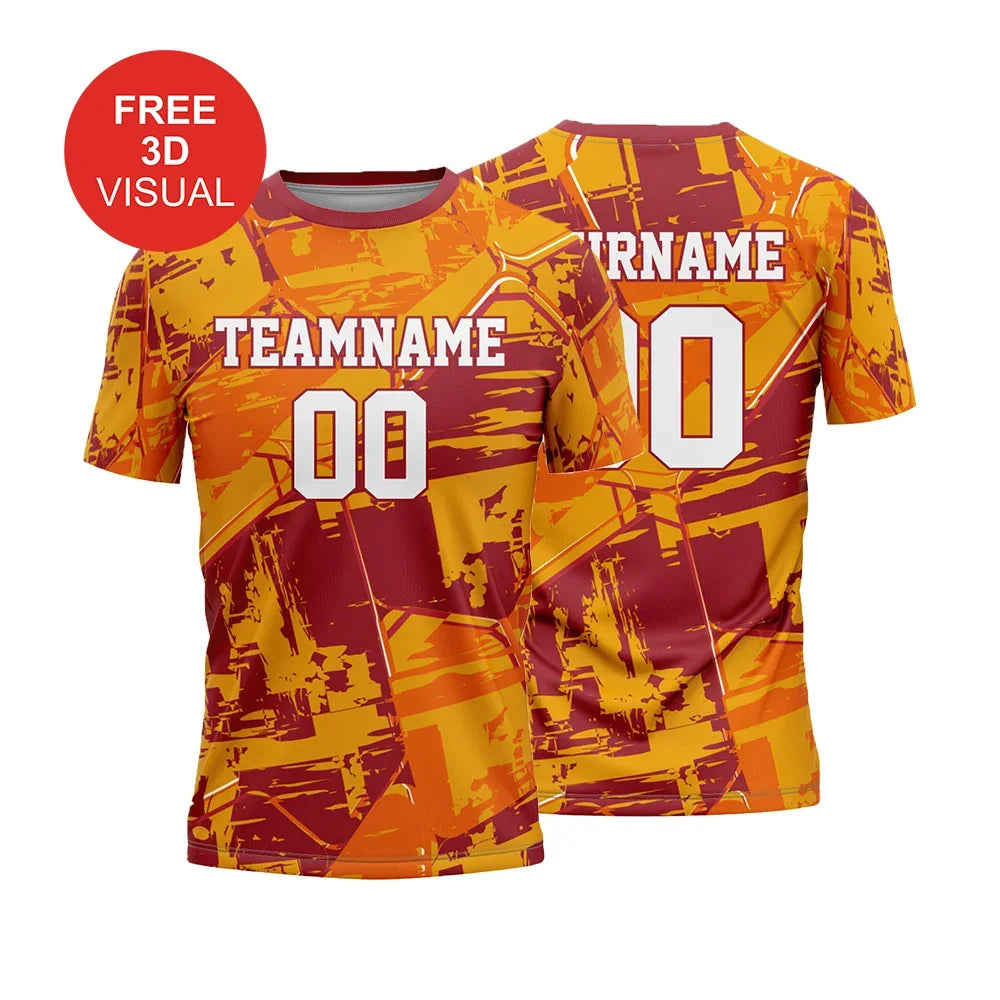 Front and back view of a custom orange and maroon athletic jersey with placeholder team name and number.