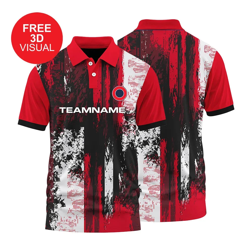 Custom red and black abstract print polo shirt with team name placeholder