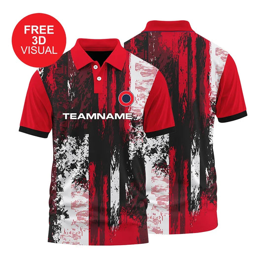 Custom red and black abstract print polo shirt with team name placeholder
