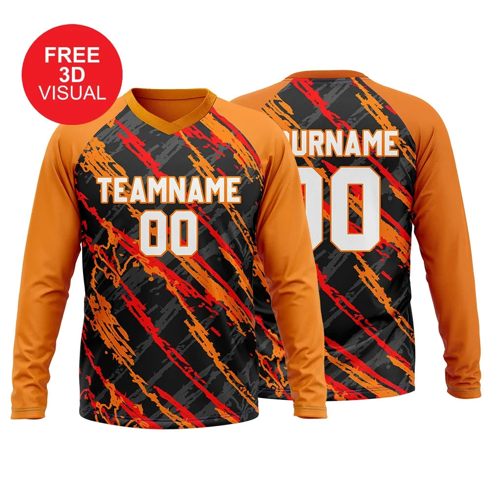 Custom long sleeve sports jersey with orange and black abstract design, team name and number.