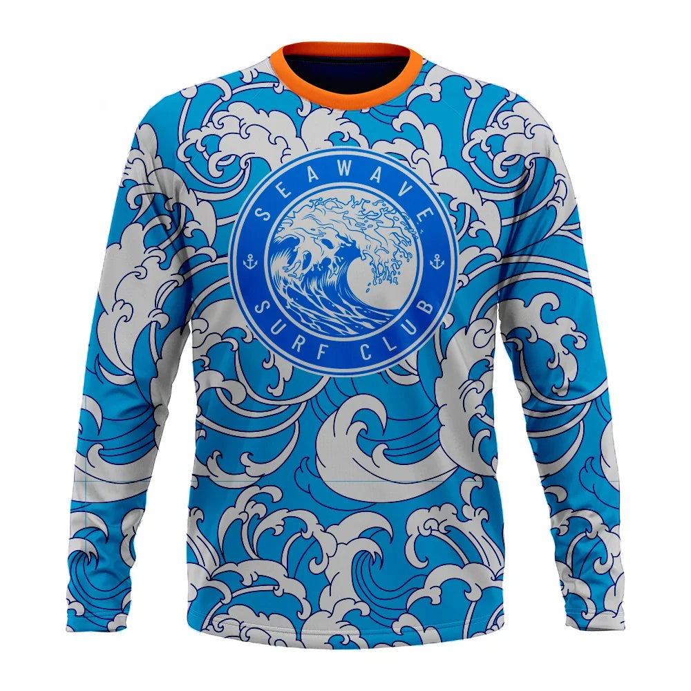 Blue long-sleeve shirt with white wave pattern and Sea Wave Surf Club circular logo