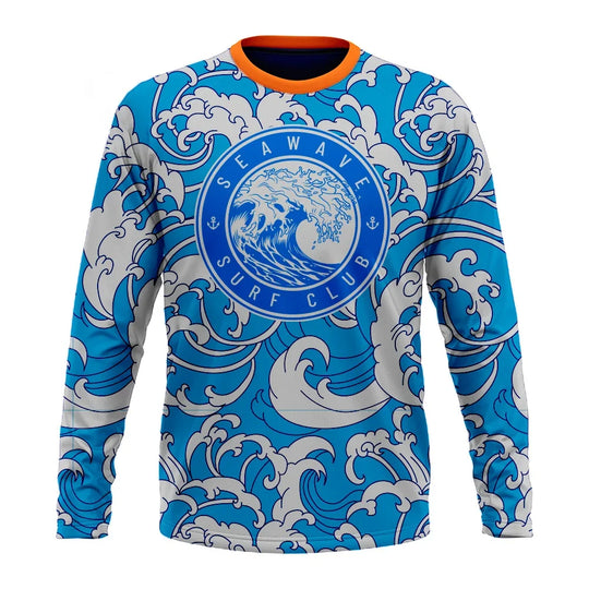 Blue long-sleeve shirt with white wave pattern and Sea Wave Surf Club circular logo