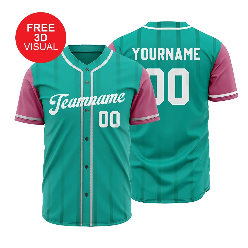Custom teal and pink pinstripe baseball jersey with personalized team name and number.