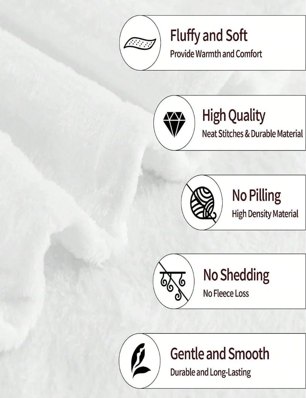 Close-up of white fluffy fleece fabric with icons highlighting quality, softness, and durability.