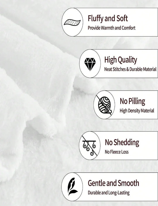 Close-up of white fluffy fleece fabric with icons highlighting quality, softness, and durability.