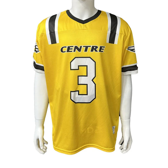 Custom yellow football jersey with the word CENTRE and number 3 in white and black.