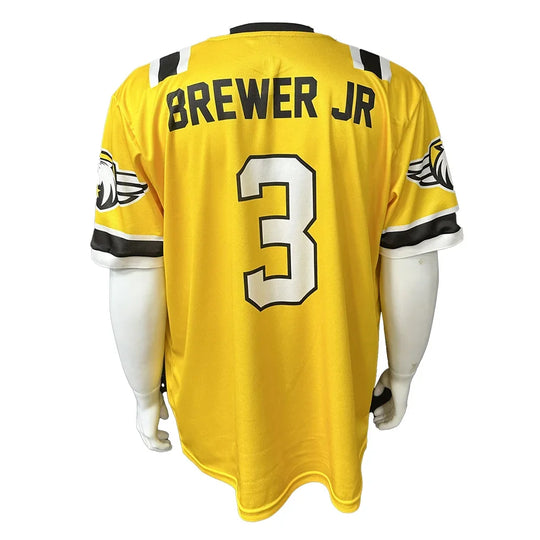 Back view of a custom yellow sports jersey with BREWER JR and number 3