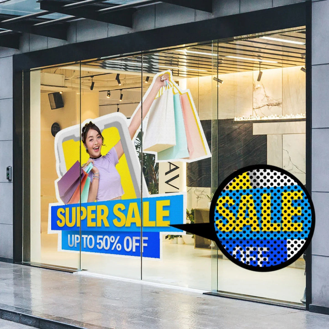 Custom perforated window vinyl graphic for a store sale featuring a woman with shopping bags.