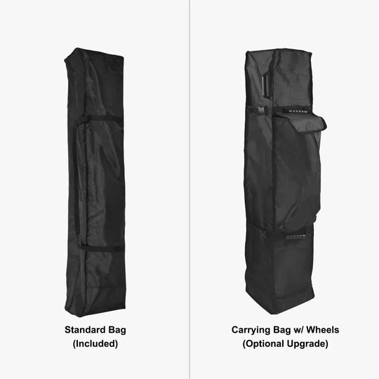 Comparison of a standard carrying bag and a carrying bag with wheels for event equipment.