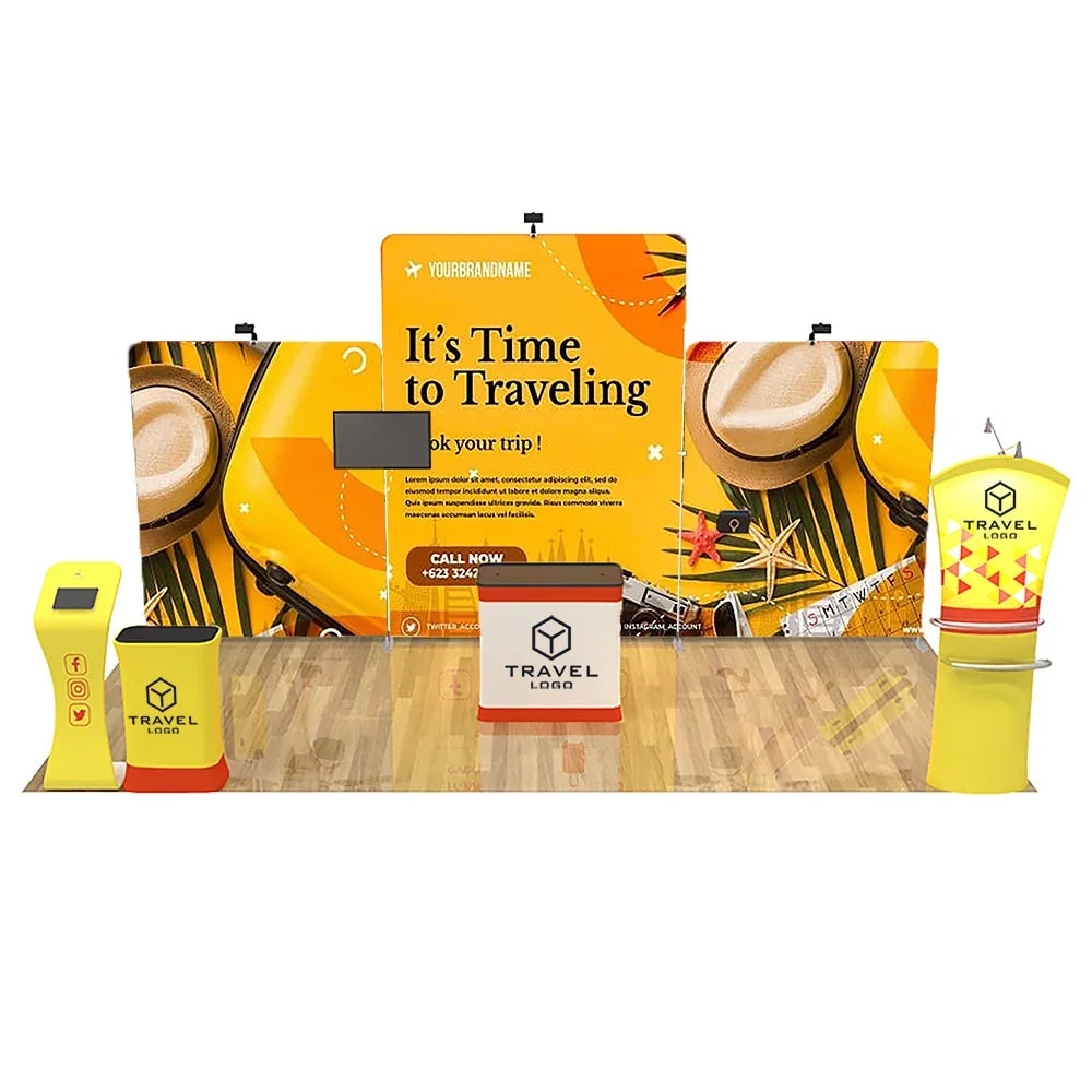 Custom travel themed exhibition display set with banners, counters, and a branded stand.