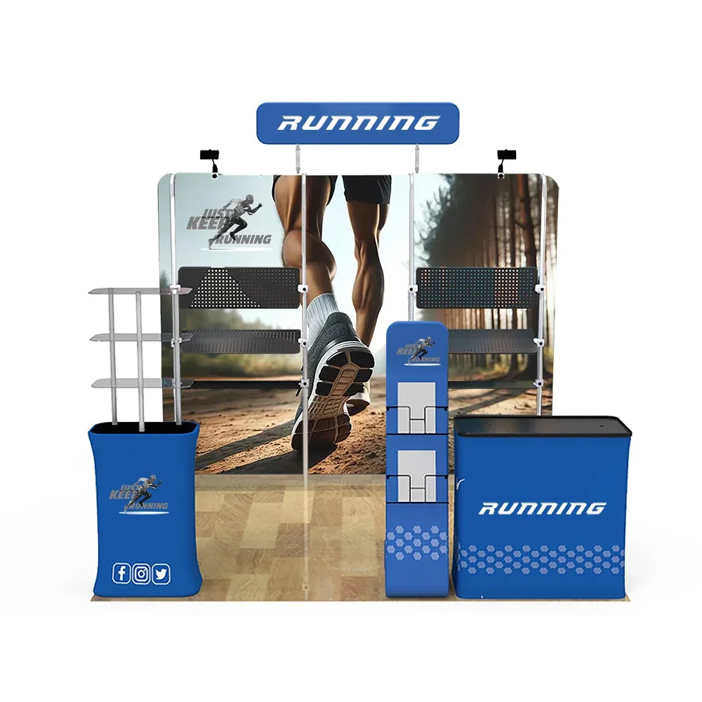 Custom blue trade show display booth with running theme banners and counters