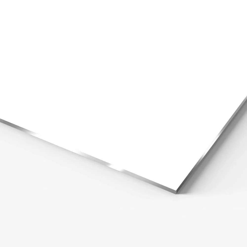 Close-up of a blank white glossy sign with a silver metallic edge.