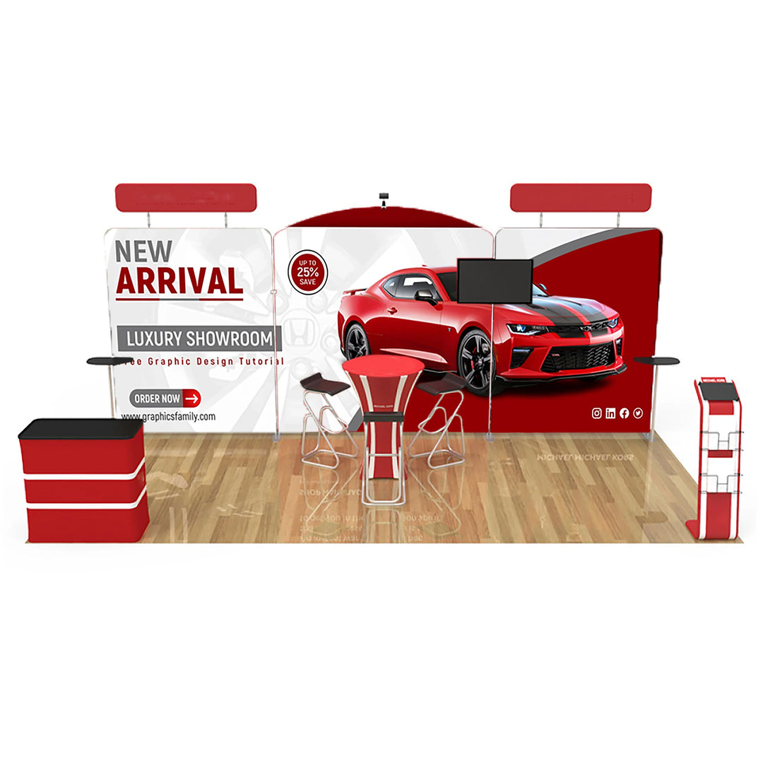 Custom luxury showroom trade show display set with red car graphics, counter, and tables.