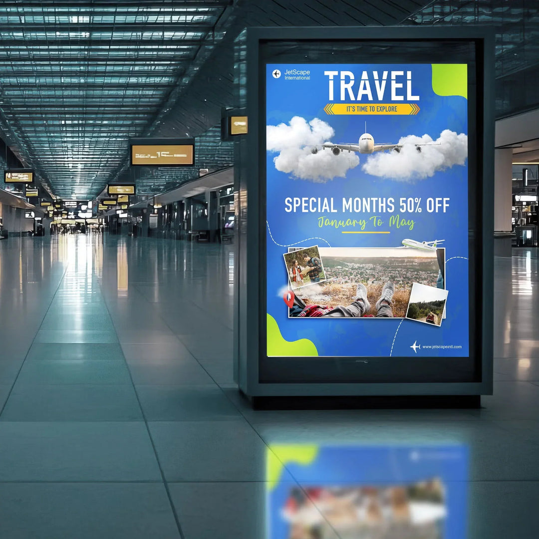 Digital travel advertisement poster in an airport terminal promoting travel discounts.