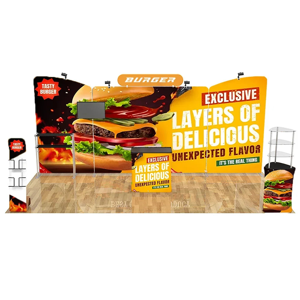 Custom burger-themed trade show display booth with banners, counters, and a brochure rack.