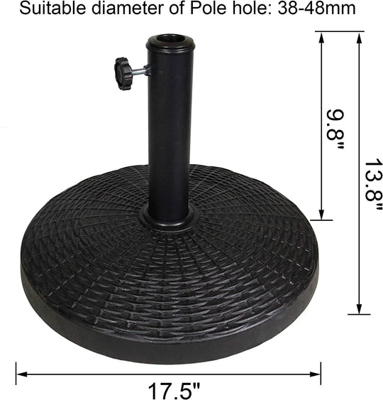 Heavy-duty black plastic weighted base for flag poles with dimensions