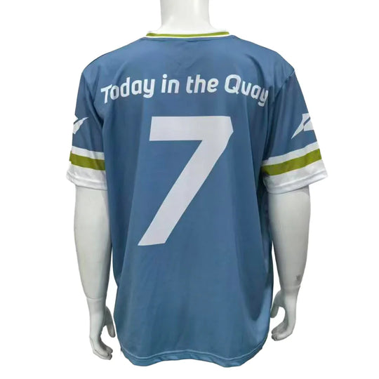 Back view of a custom blue sports jersey with the number 7 and 'Today in the Quay' text.