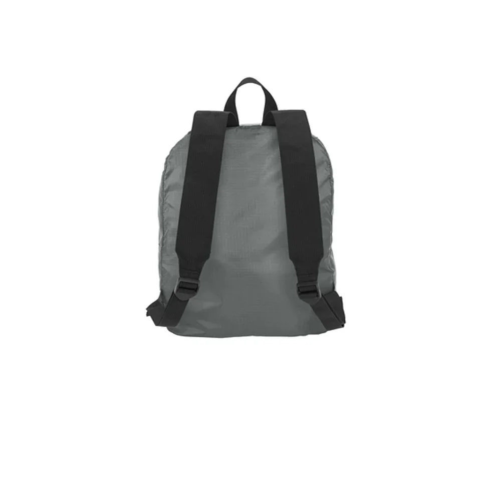 Back view of a grey lightweight drawstring backpack with black shoulder straps