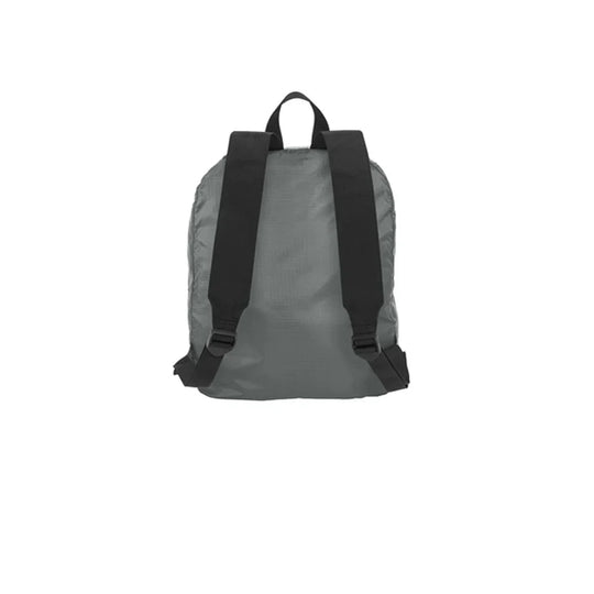 Back view of a grey lightweight drawstring backpack with black shoulder straps