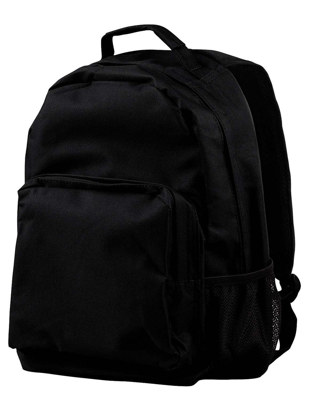 Plain black customizable backpack with front pocket and side mesh water bottle holder