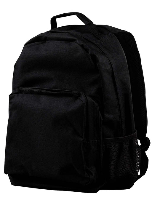 Plain black customizable backpack with front pocket and side mesh water bottle holder