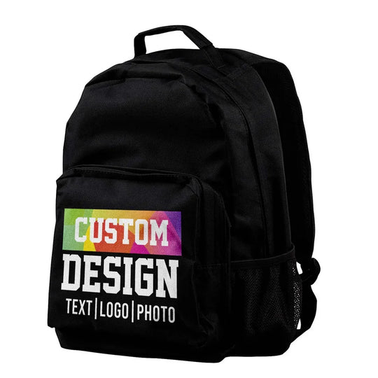 Black custom design backpack with colorful text and logo printing on the front pocket.